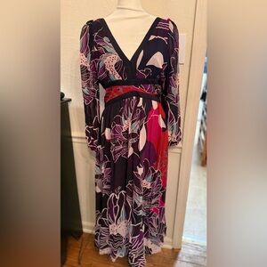 Anthropologie Let Me Be Women small Black Floral Boho V-Neck Long Sleeve dress